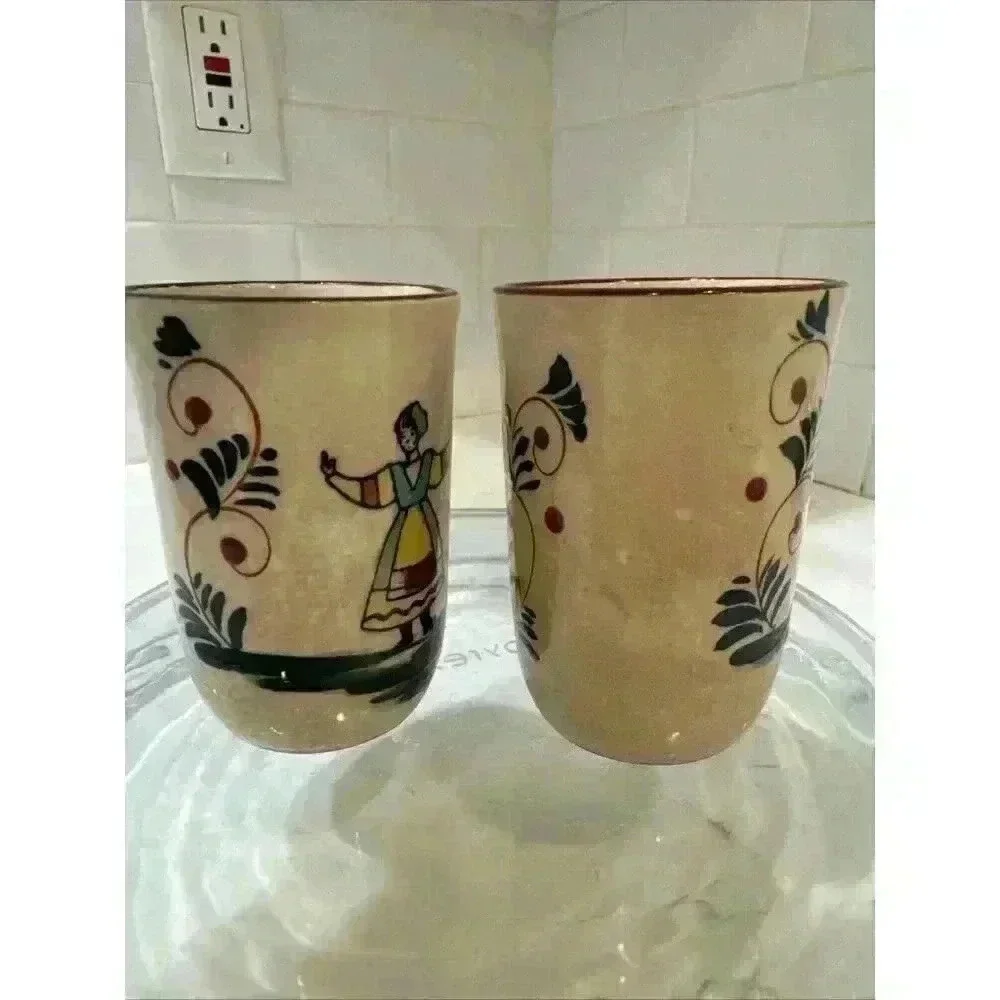 2 Vintage Nasco Quimper-Style Hand Painted Dancing Lady Ceramic Juice Cups - Picture 6 of 14